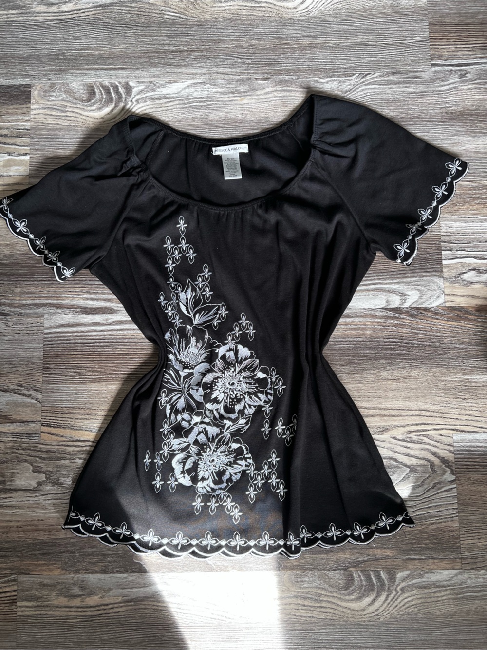 Rebecca Malone Black Chemise with White Floral Embroidery